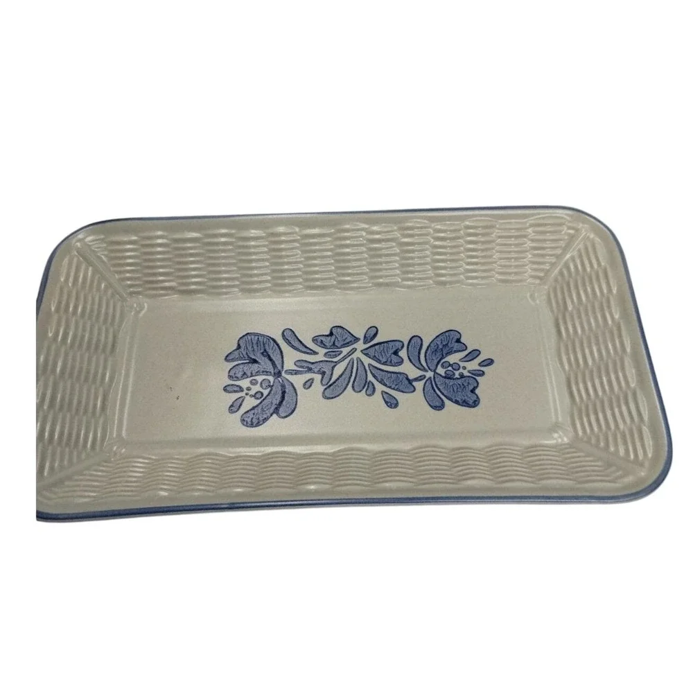Pfaltzgraff Blue Floral Stoneware Tray‎ Basketweave Rectangular USA